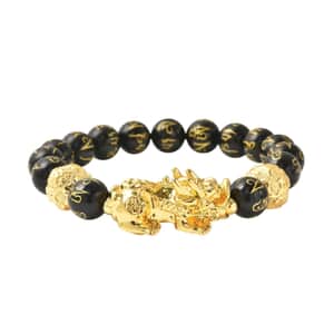 Feng Shui Pixiu Charm Black Obsidian Carved Beads Stretch Bracelet in Goldtone, Stretchable Bracelet, Good Luck Birthday Gift 138.00 ctw