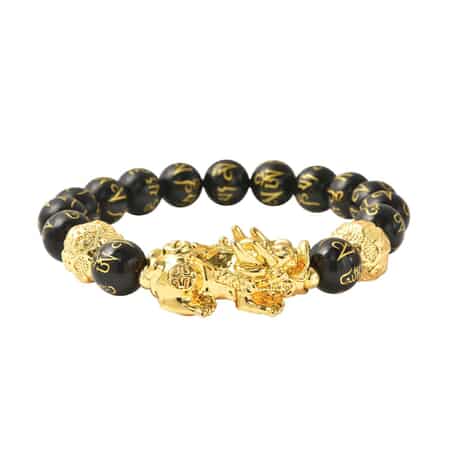 Feng Shui Black Obsidian Carved Beaded Bracelet in Goldtone 6.50 Inches 138.00 ctw image number 0