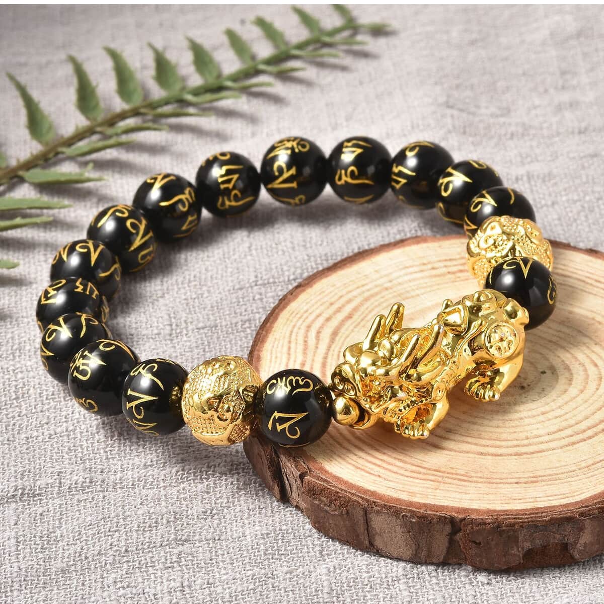 Feng Shui Black Obsidian Carved Beaded Bracelet in Goldtone 6.50 Inches 138.00 ctw image number 1