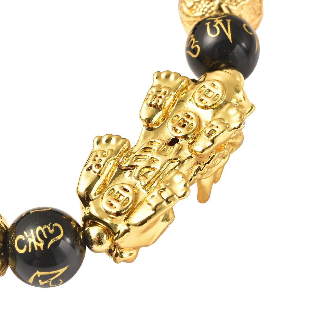 Feng Shui Black Obsidian Carved Beaded Bracelet in Goldtone 6.50 Inches 138.00 ctw image number 5
