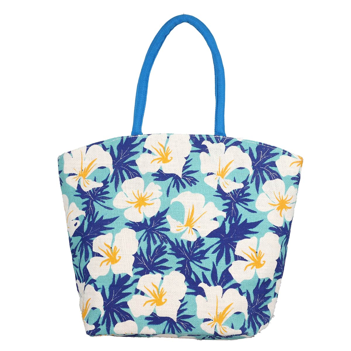 Blue & White 100% Natural Jute Flower Printed Tote with Polyester Interior image number 0