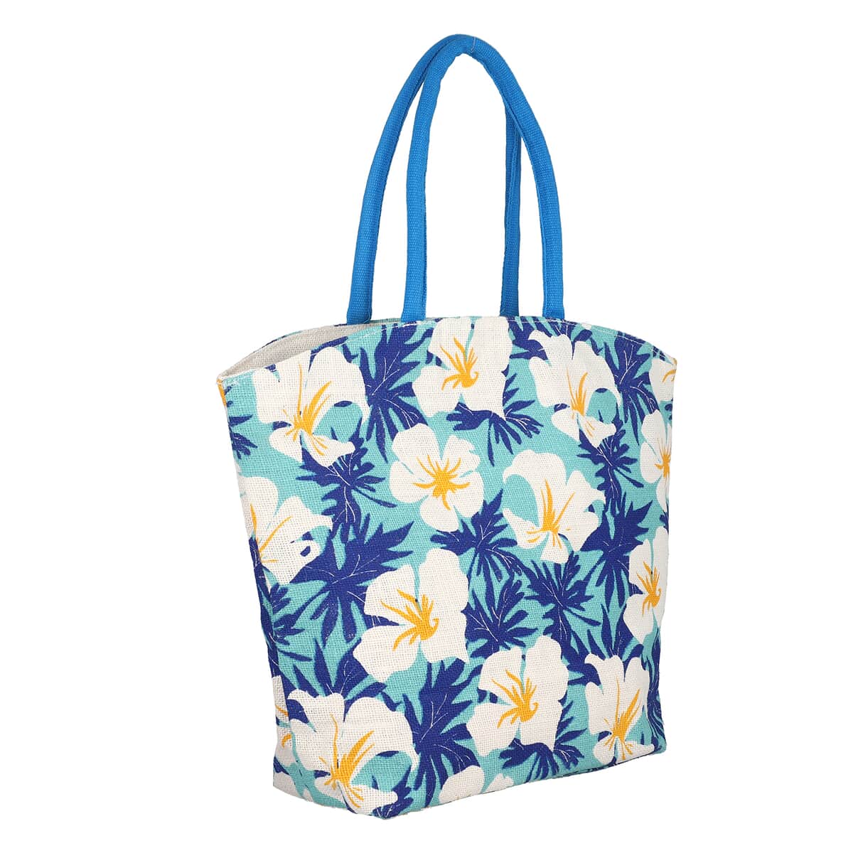 Blue & White 100% Natural Jute Flower Printed Tote with Polyester Interior image number 2