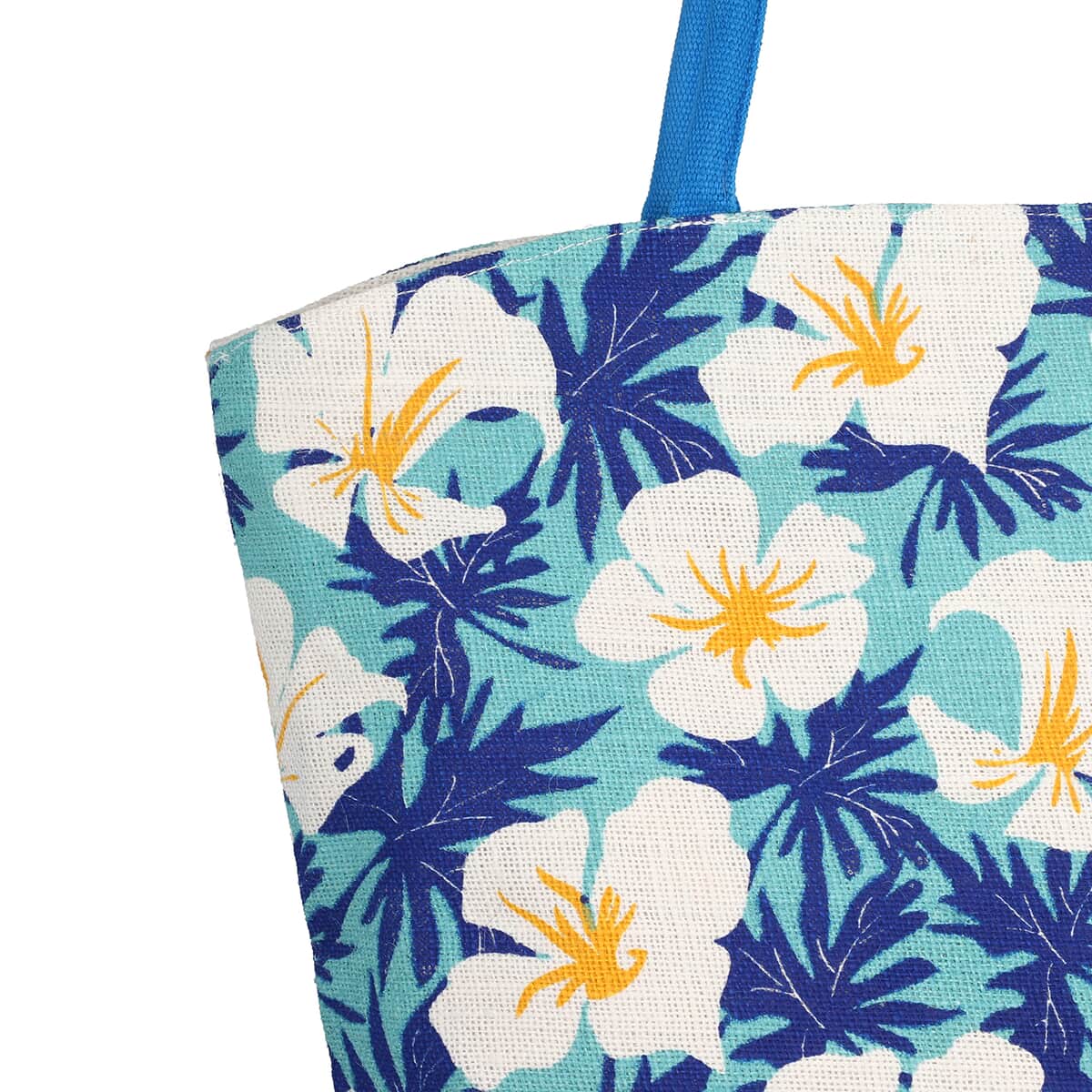 Blue & White 100% Natural Jute Flower Printed Tote with Polyester Interior image number 5