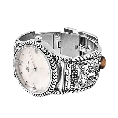 Genoa Light Brown MOP Japanese Movement Tiger's Eye Studded Carved Tiger Pattern Bracelet Watch 7.00 ctw