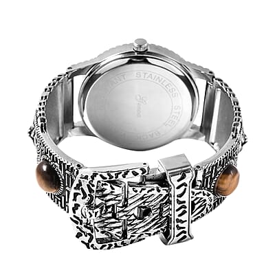 Genoa Light Brown MOP Japanese Movement Tiger's Eye Studded Carved Tiger Pattern Bracelet Watch 7.00 ctw