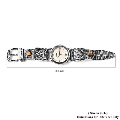 Genoa Light Brown MOP Japanese Movement Tiger's Eye Studded Carved Tiger Pattern Bracelet Watch 7.00 ctw