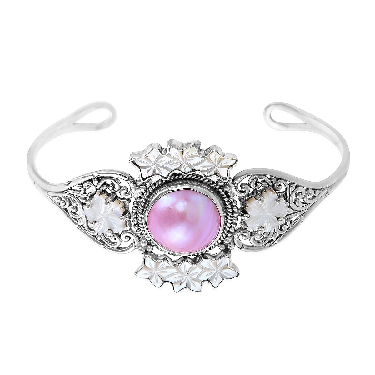 Bali Legacy Mabe Pearl and Mother Of Pearl Carved Flower Cuff Bracelet in Sterling Silver (7.50 In) 25 Grams image number 3