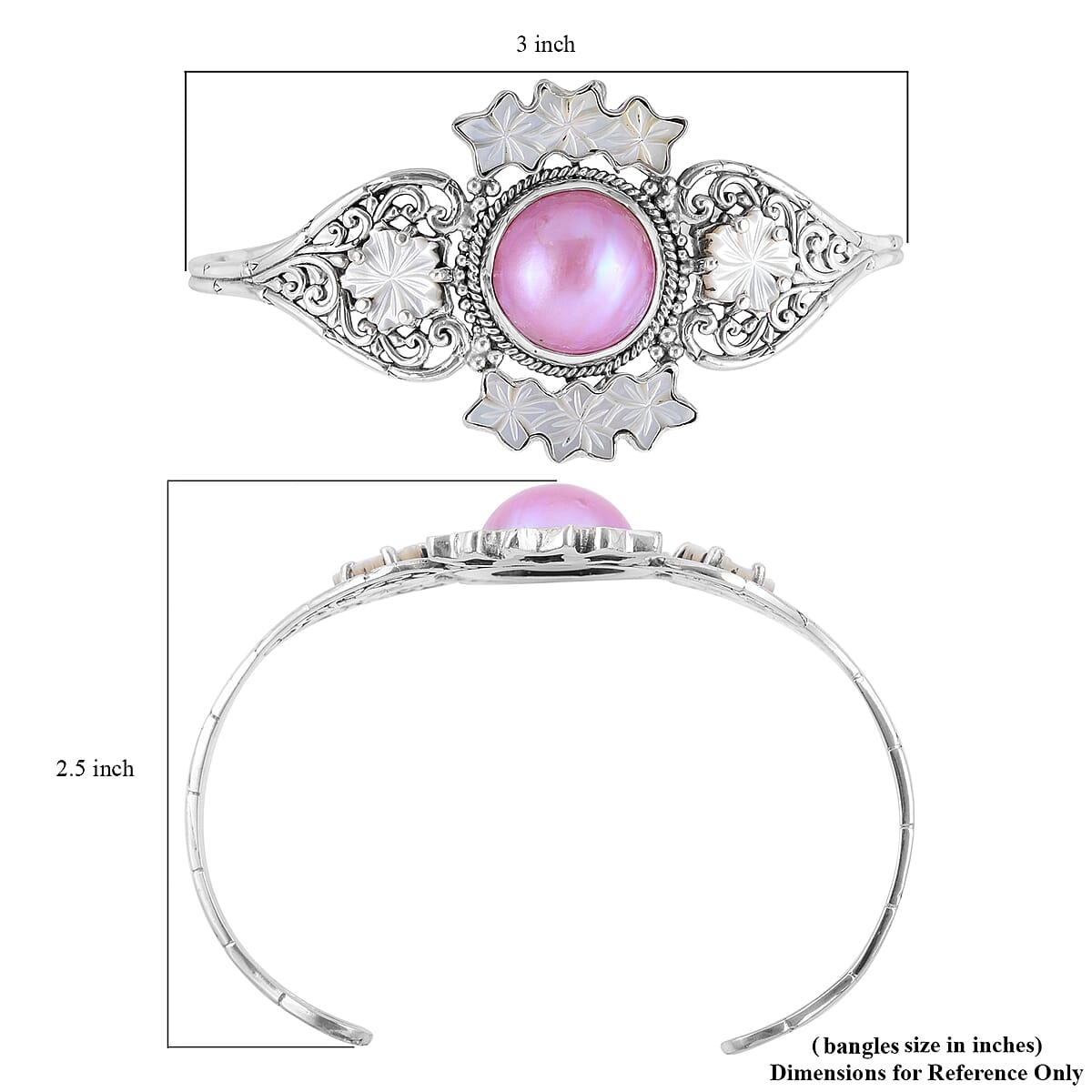 Bali Legacy Mabe Pearl and Mother Of Pearl Carved Flower Cuff Bracelet in Sterling Silver (7.50 In) 25 Grams image number 4