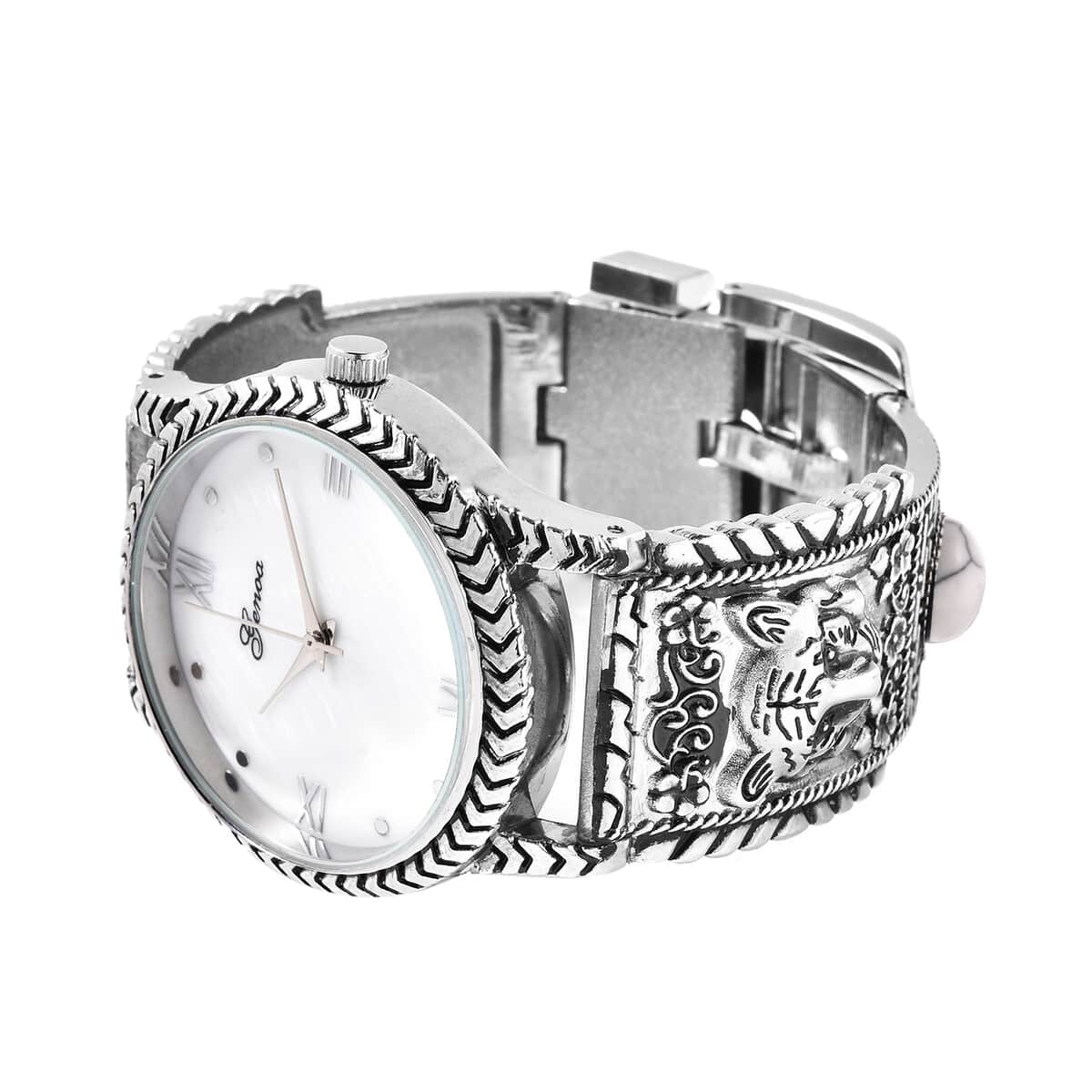 Genoa White MOP Japanese Movement White Howlite Studded Carved Tiger Pattern Bracelet Watch 7.00 ctw image number 3