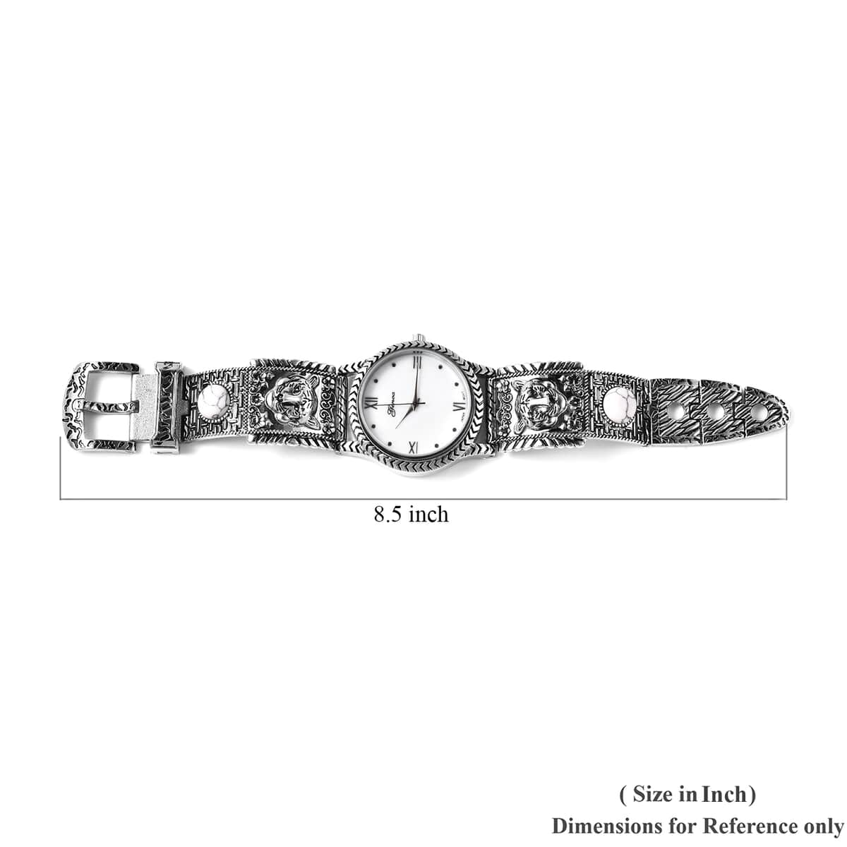 Genoa White MOP Japanese Movement White Howlite Studded Carved Tiger Pattern Bracelet Watch 7.00 ctw image number 6