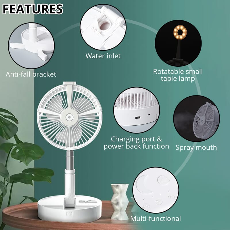 Portable Folding Hydrating Fan Desktop Fan Mini Rechargeable Fan 7200 mAh Large Capacity Battery, 5W