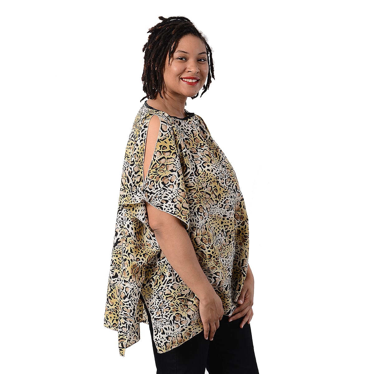 Jovie Yellow Leopard Print Pattern Chiffon Blouse with Open Shoulder Design image number 2