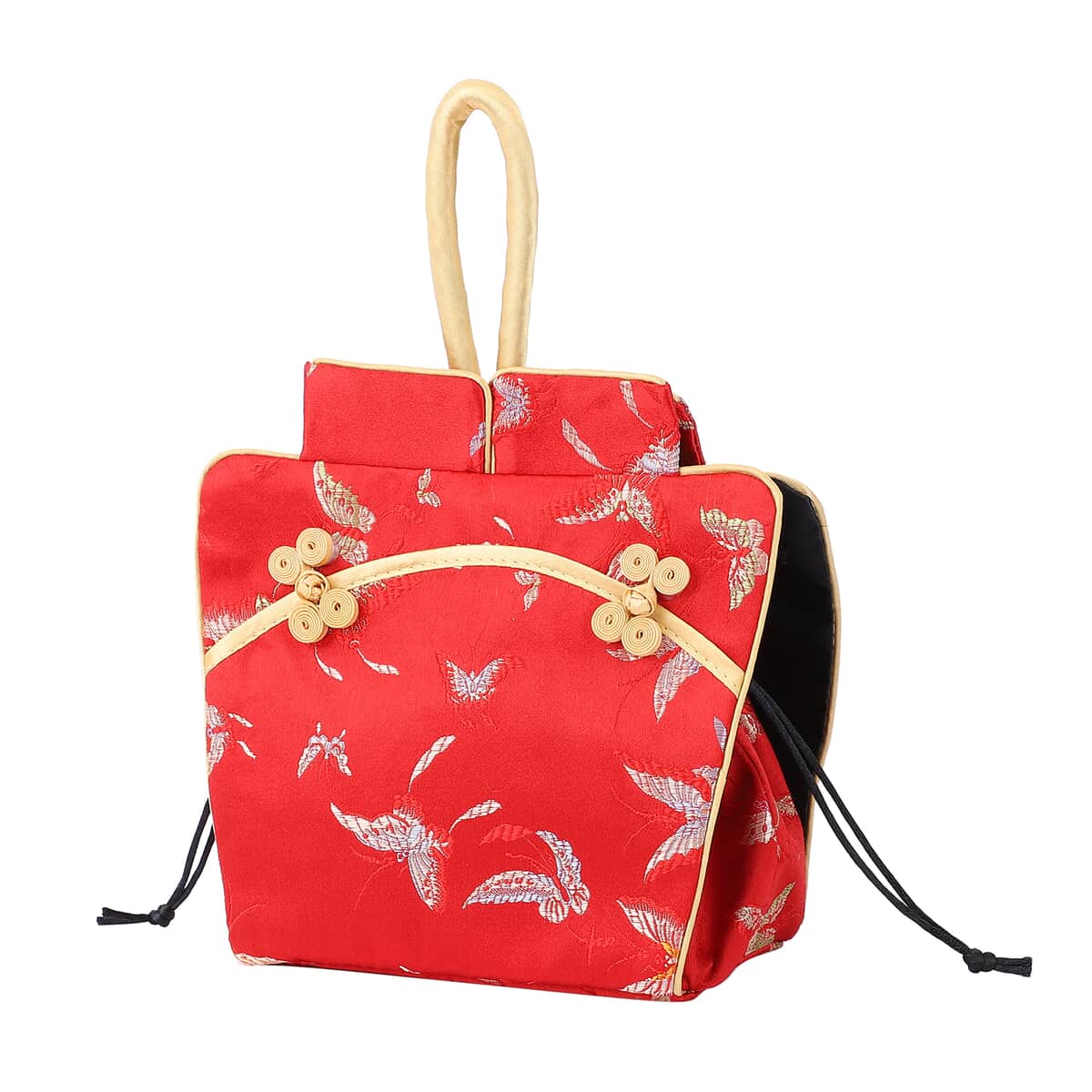 Red Dragonfly Pattern Silk & Polyester Qipao Potli Handbag image number 3