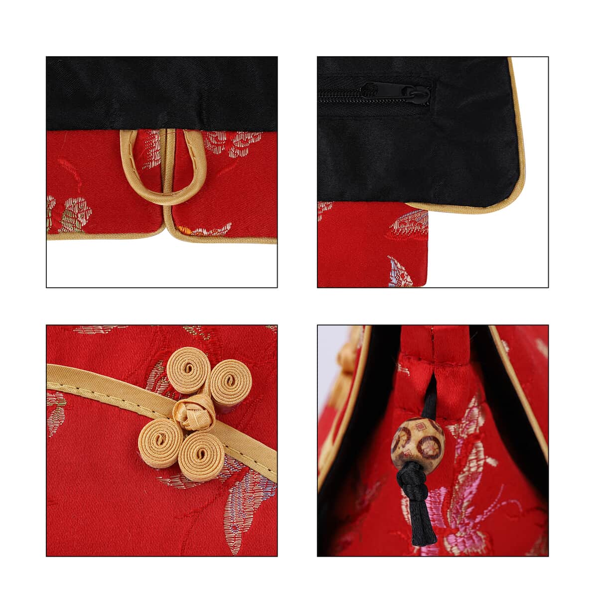 Red Dragonfly Pattern Silk & Polyester Qipao Potli Handbag image number 6
