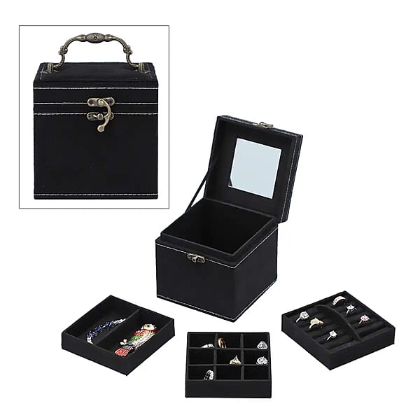 Black Velvet Three Layer Jewelry Box with Mirror, Handle & Lock