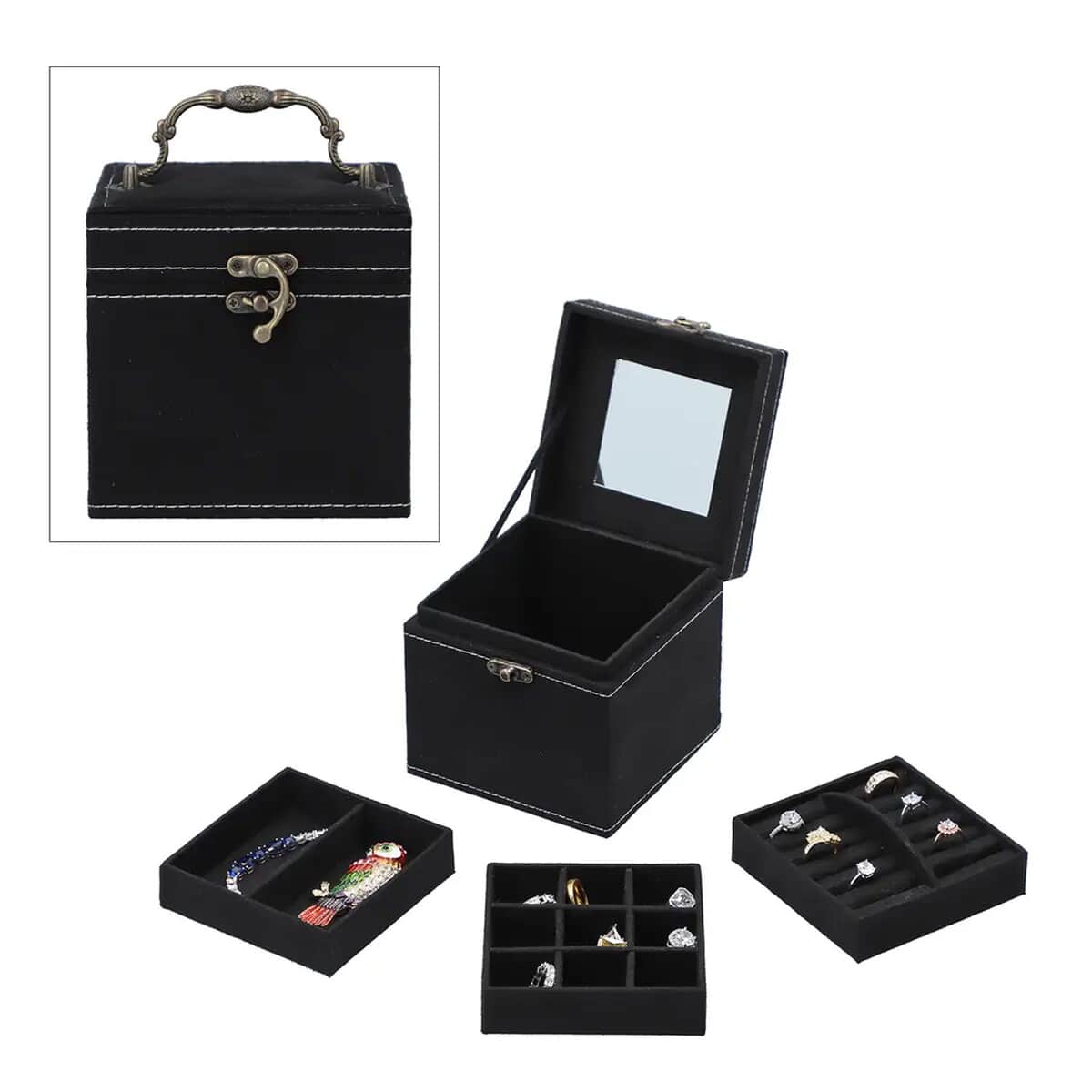 Black Velvet Three Layer Jewelry Box with Mirror, Handle & Lock (4.72x4.72x4.72) image number 0
