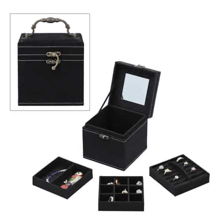 Black Velvet Three Layer Jewelry Box with Mirror, Handle & Lock (4.72x4.72x4.72) image number 0