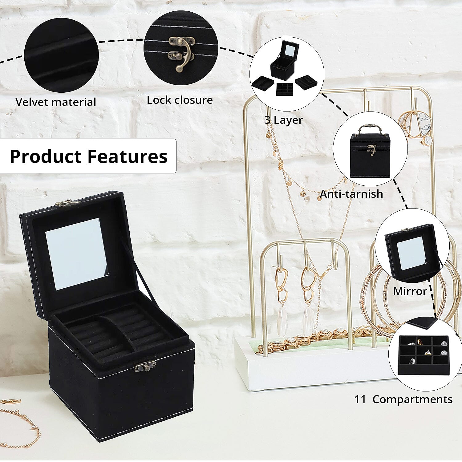 Black Velvet Three Layer Jewelry Box with Mirror, Handle & Lock