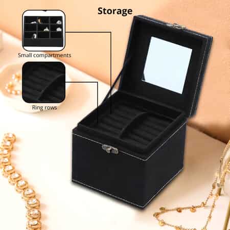 Black Velvet Three Layer Jewelry Box with Mirror, Handle & Lock (4.72x4.72x4.72) image number 2