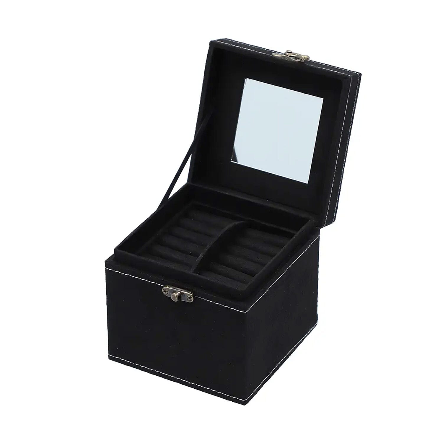 Black Velvet Three Layer Jewelry Box with Mirror, Handle & Lock