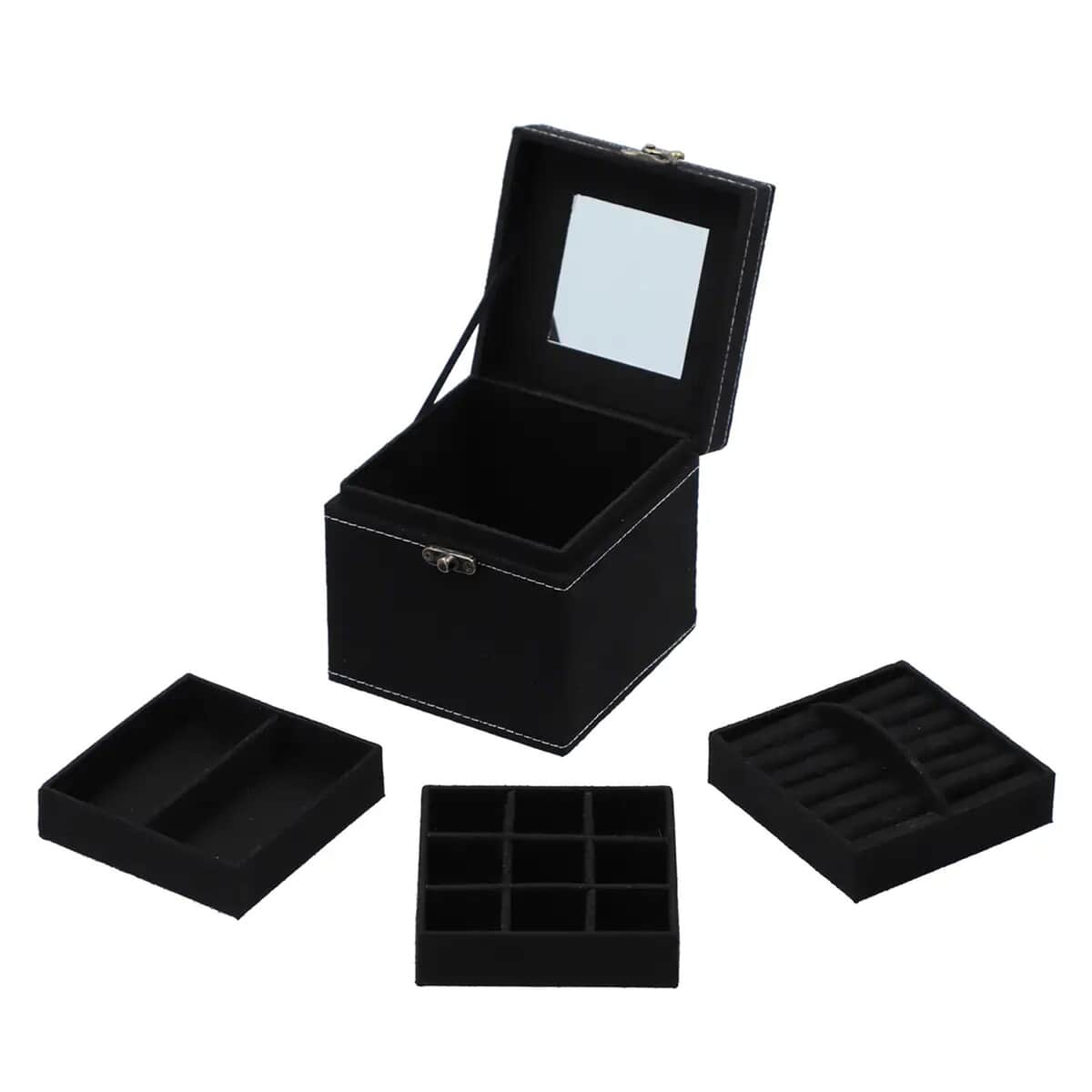 Black Velvet Three Layer Jewelry Box with Mirror, Handle & Lock (4.72x4.72x4.72) image number 6
