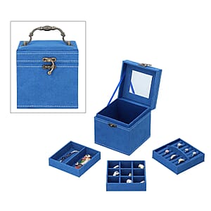 MEGA DEAL Blue Velvet Three Layer Jewelry Box with Mirror, Handle & Lock
