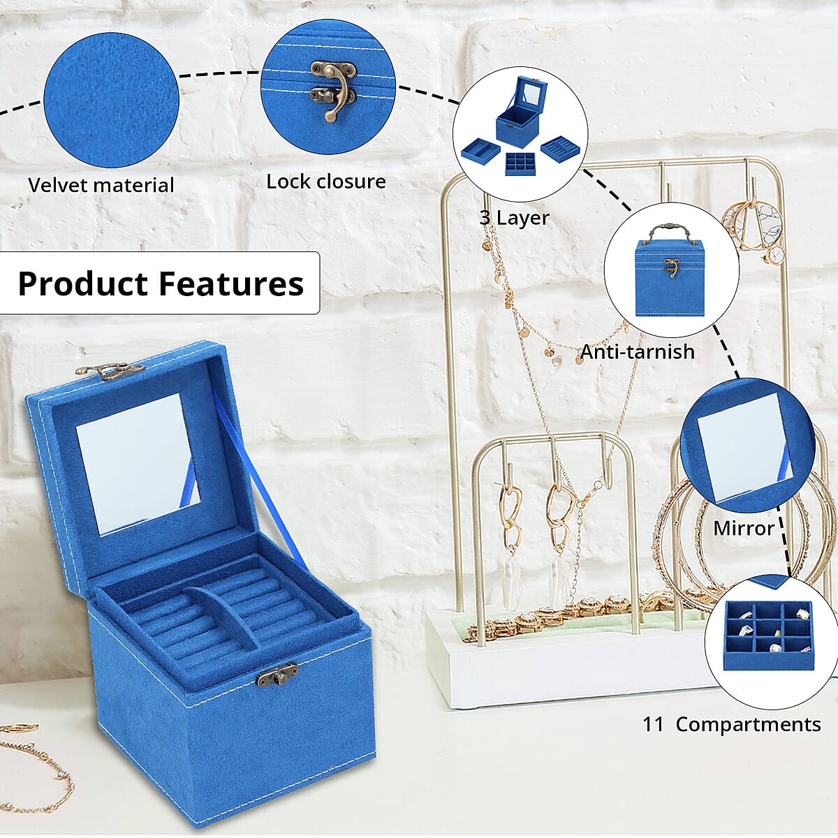 MEGA DEAL Blue Velvet Three Layer Jewelry Box with Mirror, Handle & Lock image number 1