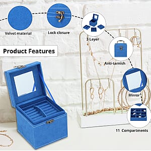 MEGA DEAL Blue Velvet Three Layer Jewelry Box with Mirror, Handle & Lock