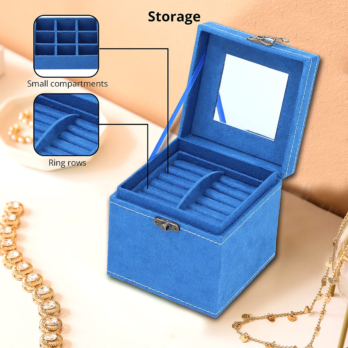 MEGA DEAL Blue Velvet Three Layer Jewelry Box with Mirror, Handle & Lock image number 2
