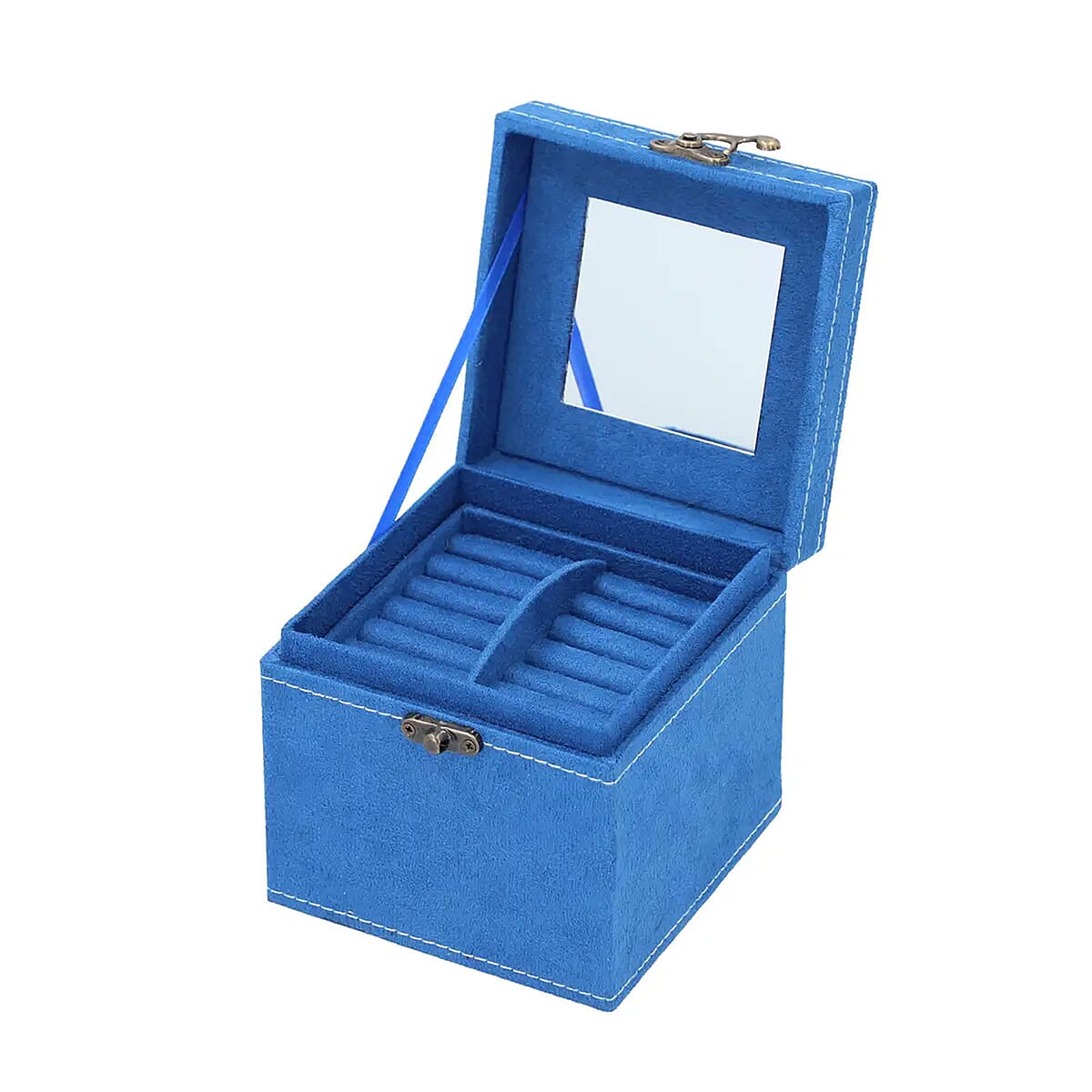 MEGA DEAL Blue Velvet Three Layer Jewelry Box with Mirror, Handle & Lock image number 5