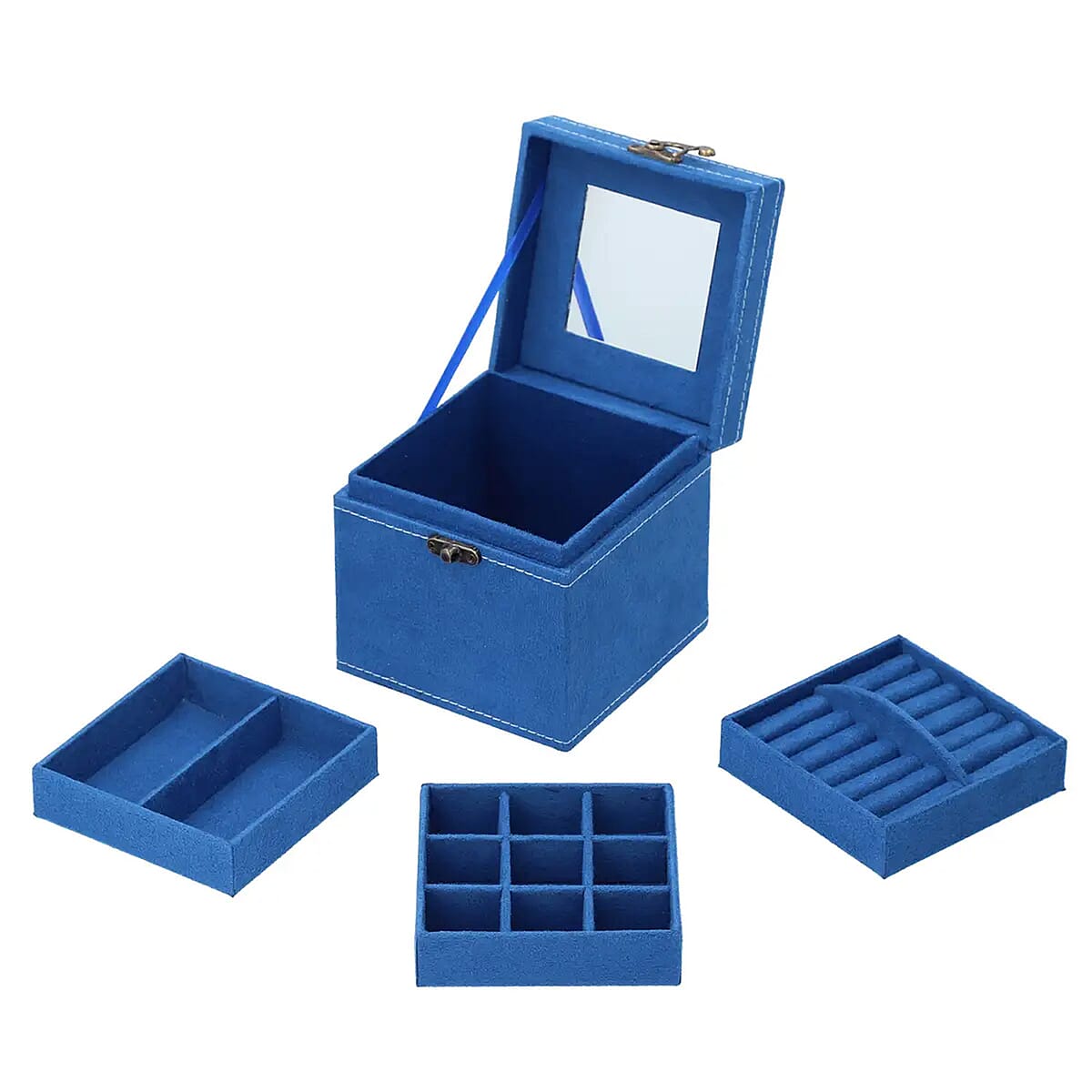 MEGA DEAL Blue Velvet Three Layer Jewelry Box with Mirror, Handle & Lock image number 6