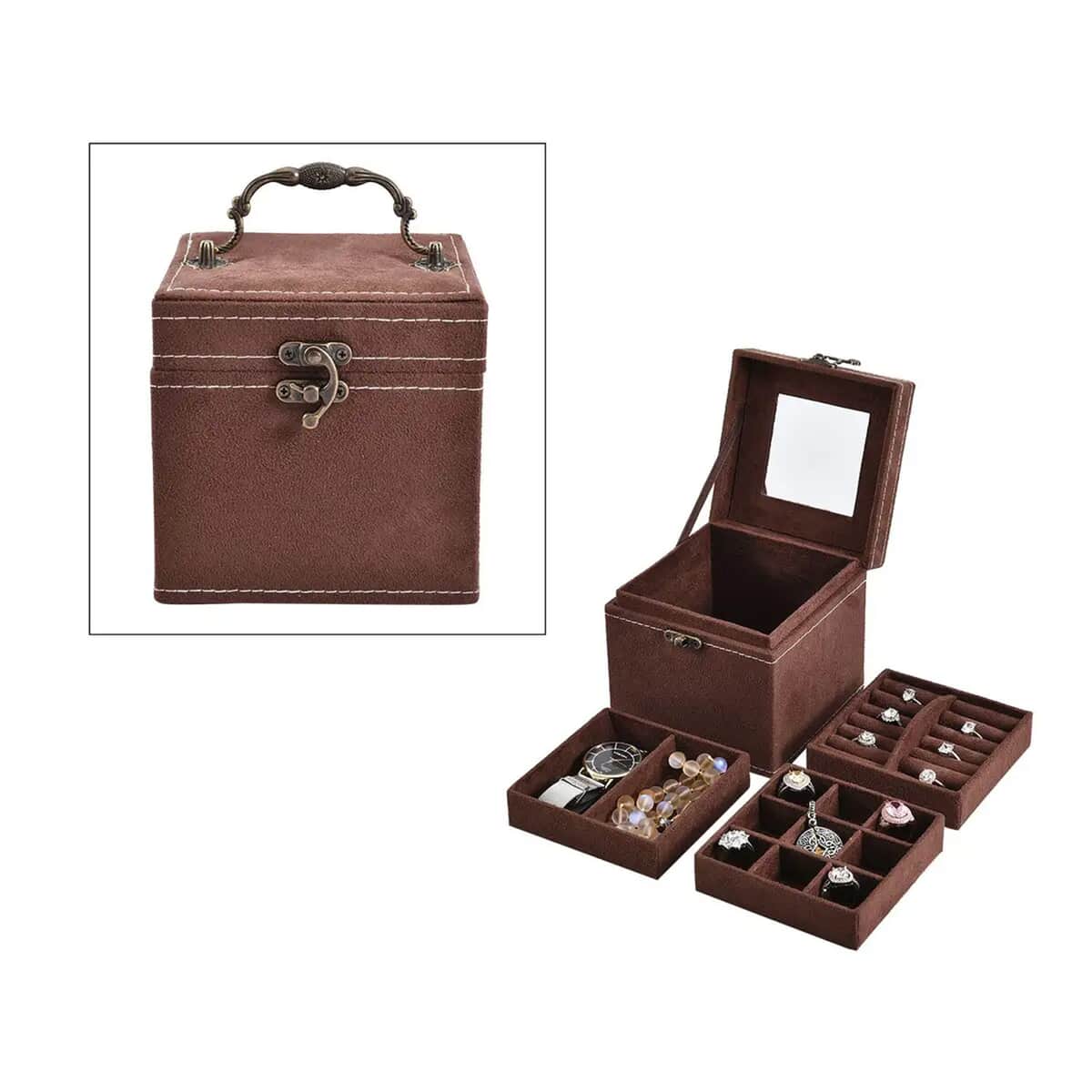 Chocolate Velvet Three Layer Jewelry Box with Mirror, Handle & Lock image number 0