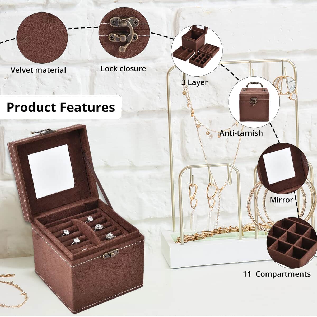 Chocolate Velvet Three Layer Jewelry Box with Mirror, Handle & Lock image number 1