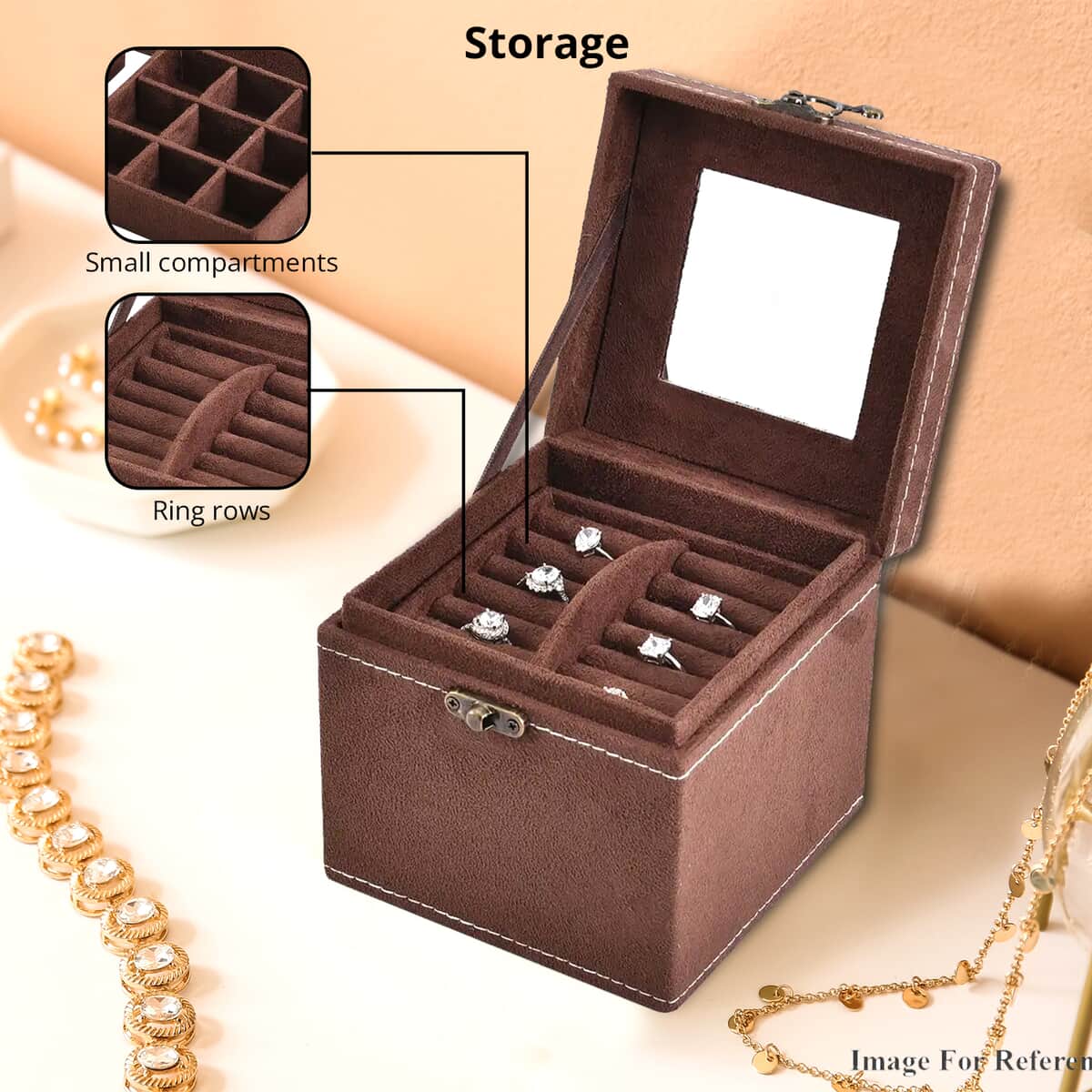 Chocolate Velvet Three Layer Jewelry Box with Mirror, Handle & Lock image number 2