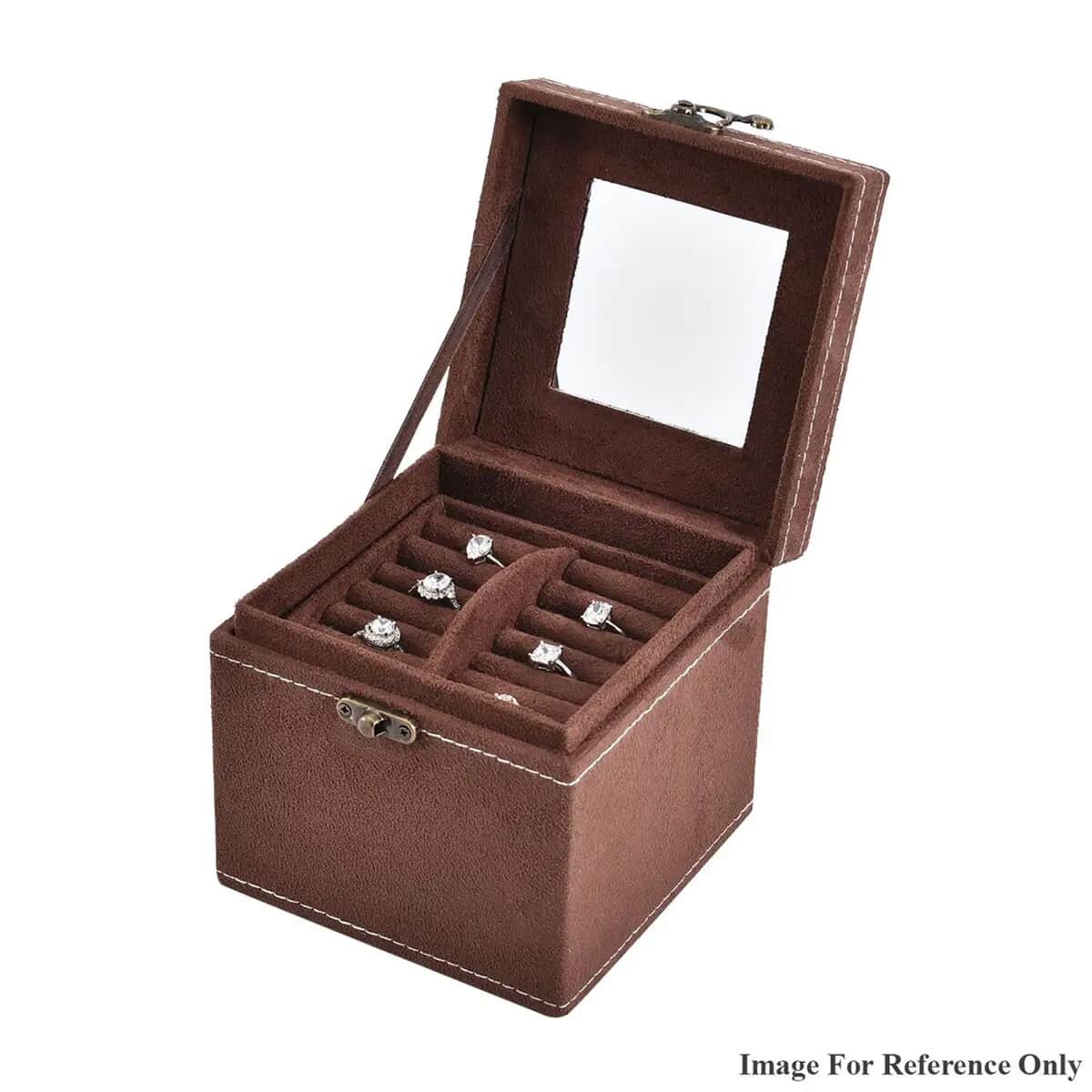 Chocolate Velvet Three Layer Jewelry Box with Mirror, Handle & Lock image number 5