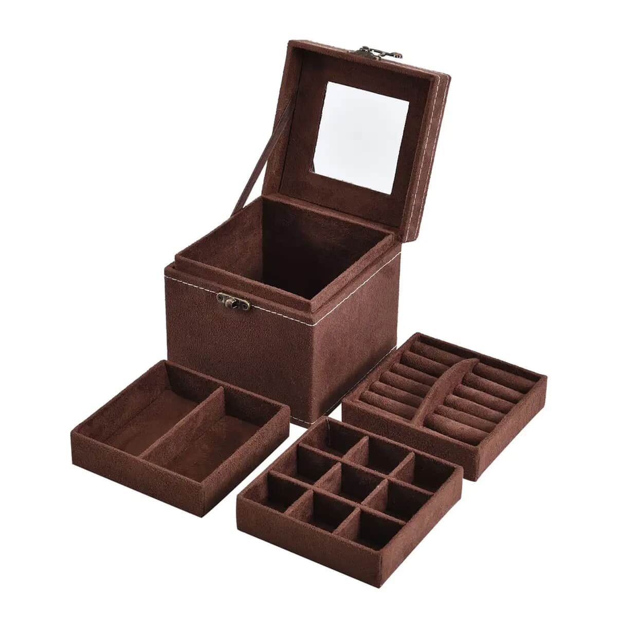 Chocolate Velvet Three Layer Jewelry Box with Mirror, Handle & Lock image number 6