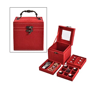 MEGA DEAL Red Velvet Three Layer Jewelry Box with Mirror, Handle & Lock