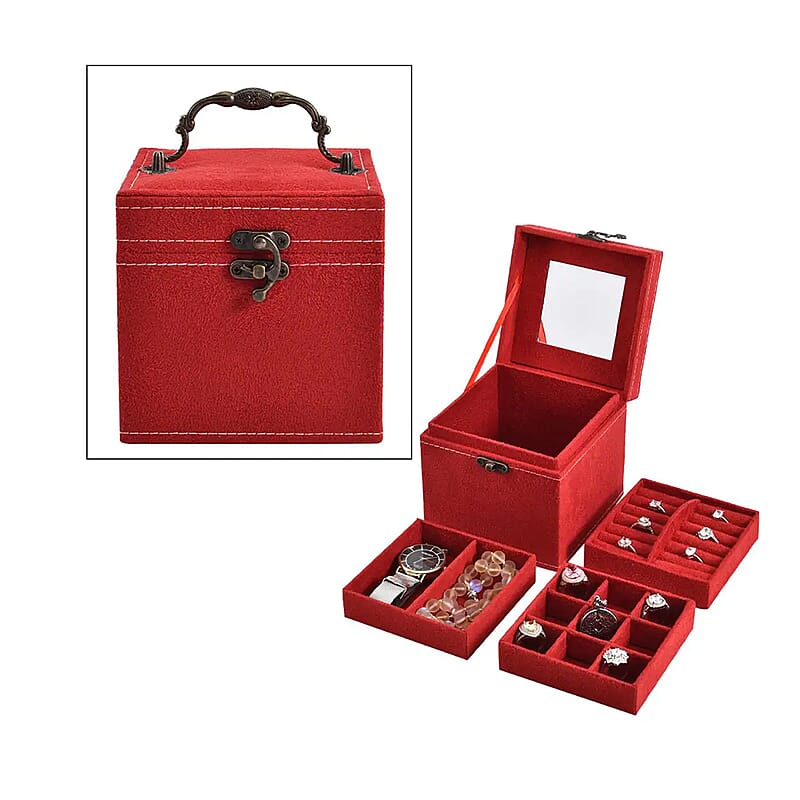 MEGA DEAL Red Velvet Three Layer Jewelry Box with Mirror, Handle & Lock