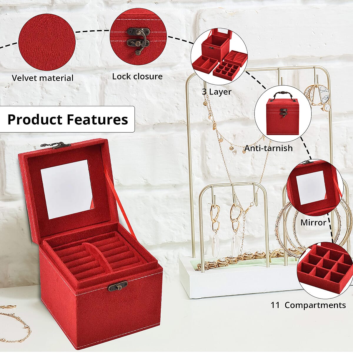 MEGA DEAL Red Velvet Three Layer Jewelry Box with Mirror, Handle & Lock image number 1