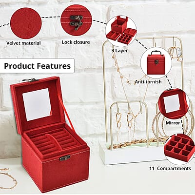 MEGA DEAL Red Velvet Three Layer Jewelry Box with Mirror, Handle & Lock