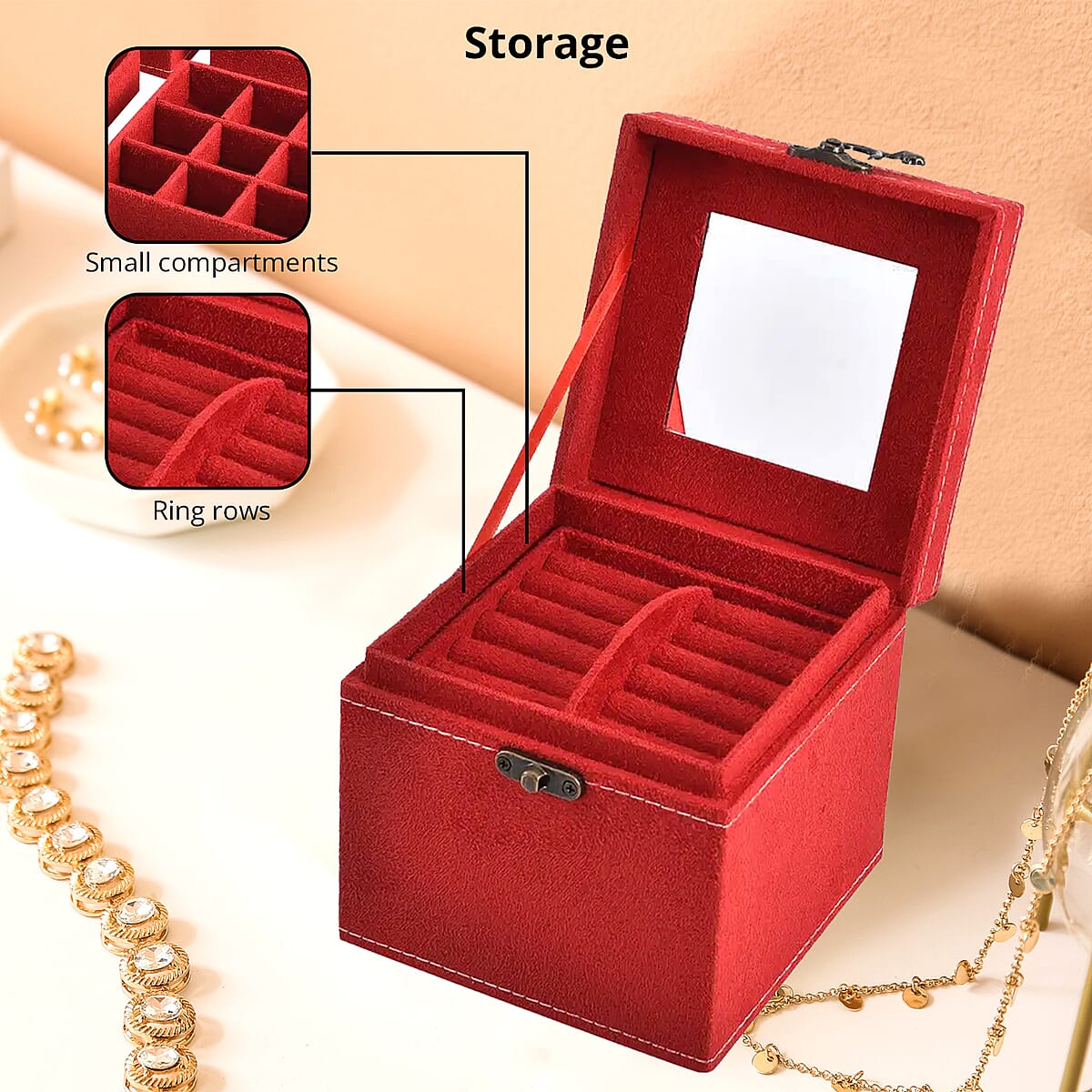 MEGA DEAL Red Velvet Three Layer Jewelry Box with Mirror, Handle & Lock image number 2