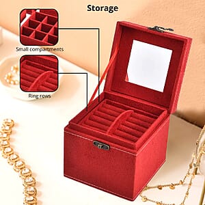 MEGA DEAL Red Velvet Three Layer Jewelry Box with Mirror, Handle & Lock