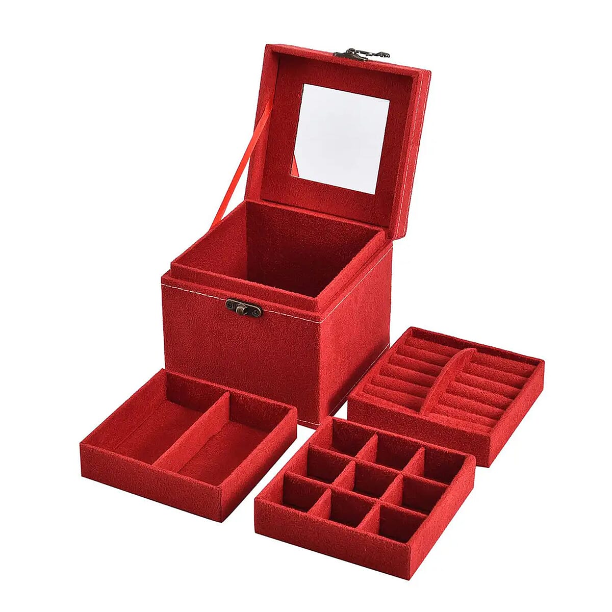 MEGA DEAL Red Velvet Three Layer Jewelry Box with Mirror, Handle & Lock image number 6