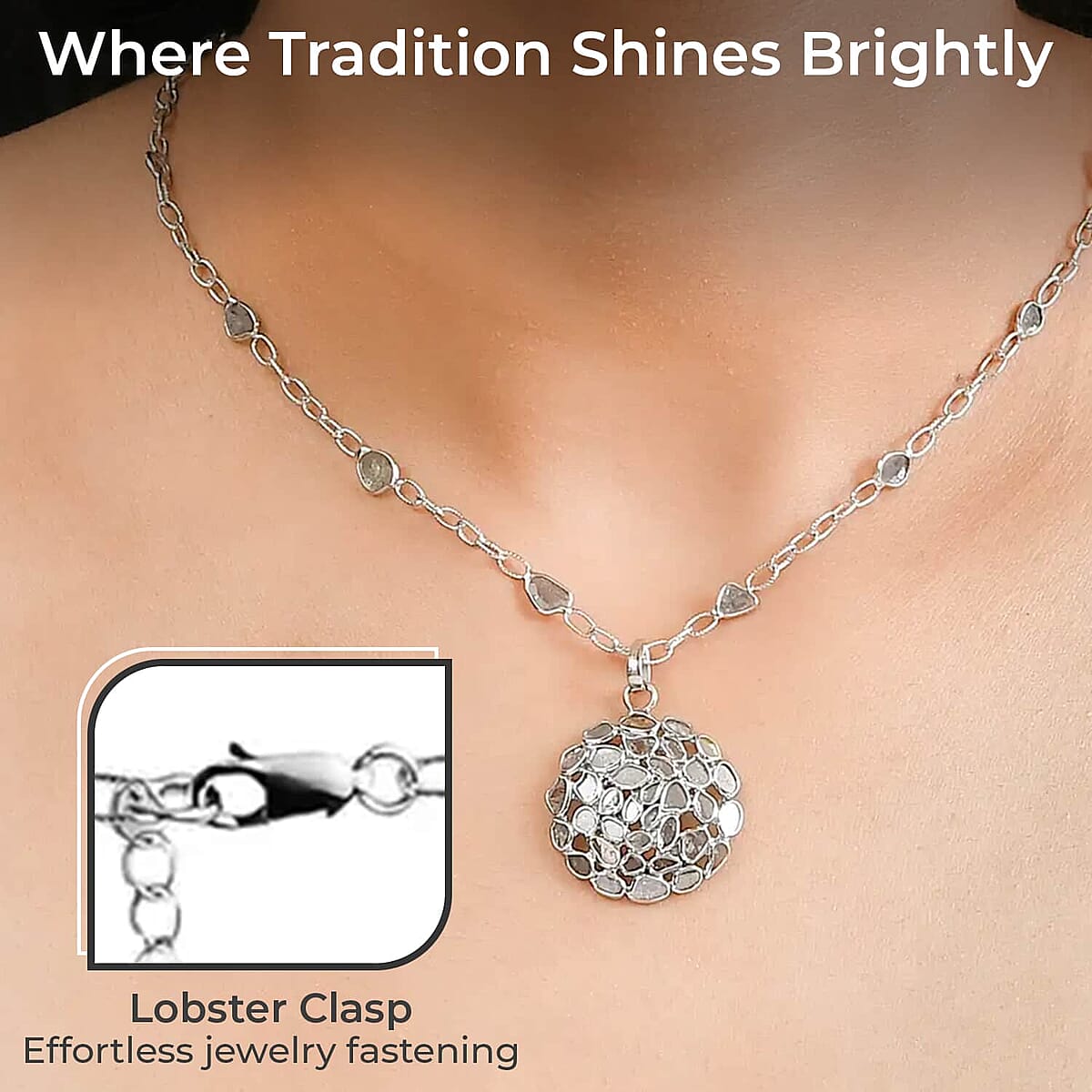 GP Celestial Dreams Collection Polki Diamond Necklace, 18-20 Inch Necklace, Platinum Over Sterling Silver Necklace, Floral Necklace 4.00 ctw image number 2