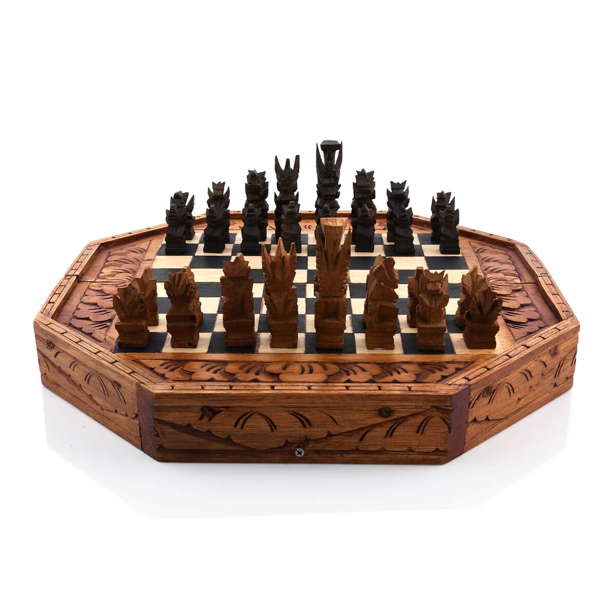 Balinese Handcarved Deity Sapodilla Wooden Octagonal Chess Set image number 0