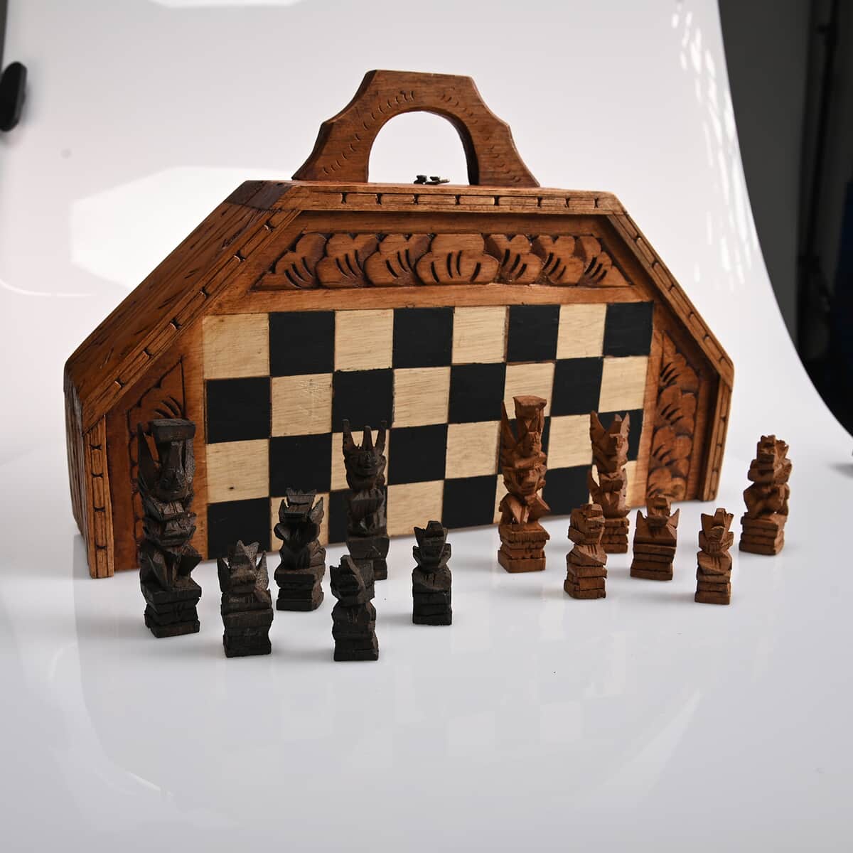 Balinese Handcarved Deity Sapodilla Wooden Octagonal Chess Set image number 1