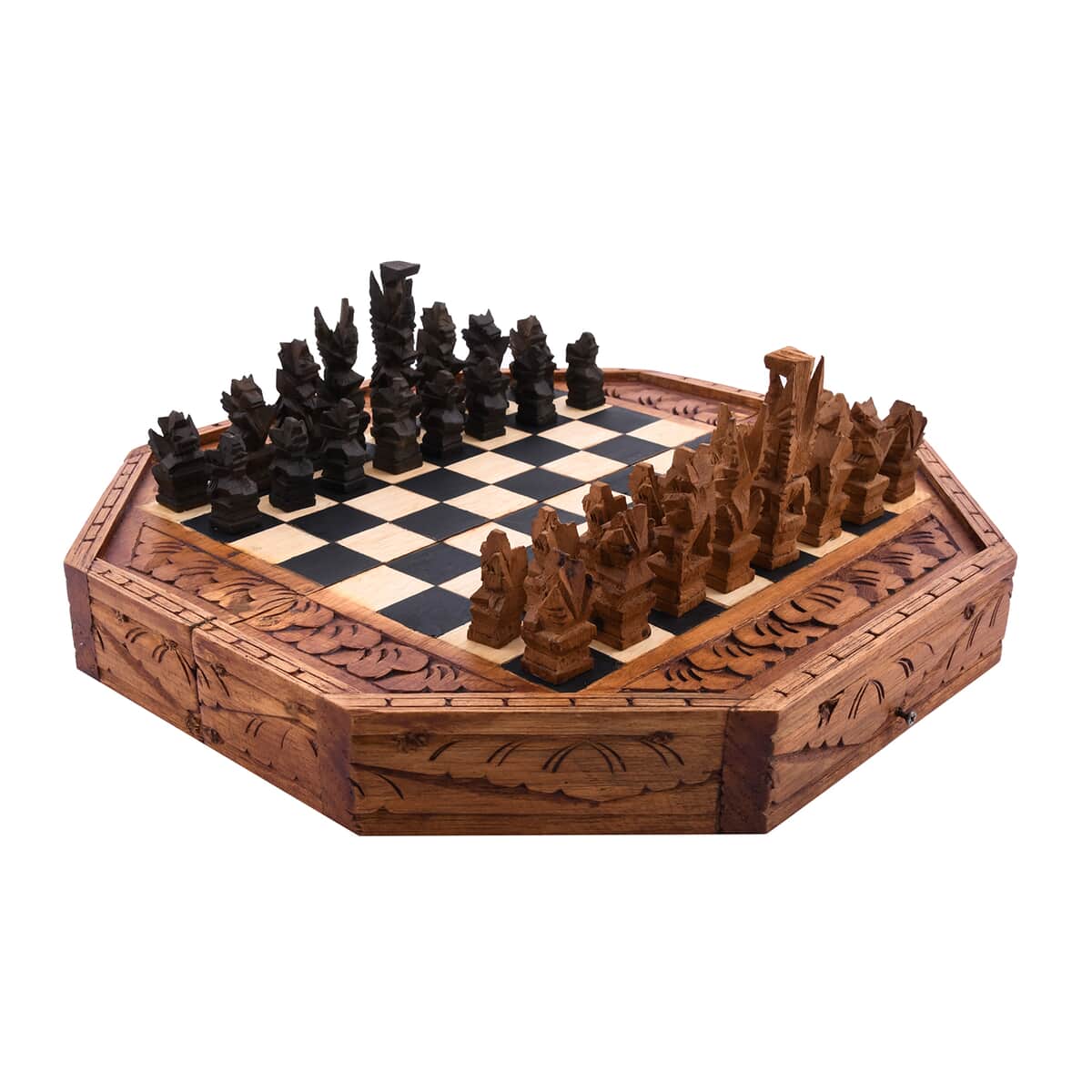Balinese Handcarved Deity Sapodilla Wooden Octagonal Chess Set image number 2