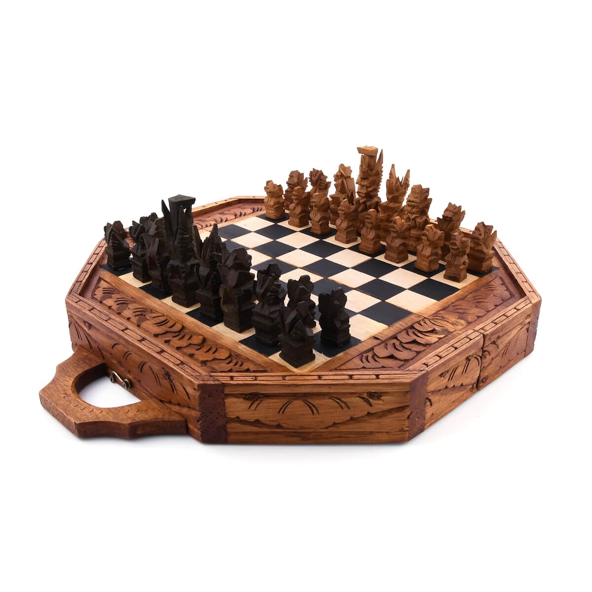 Balinese Handcarved Deity Sapodilla Wooden Octagonal Chess Set image number 4