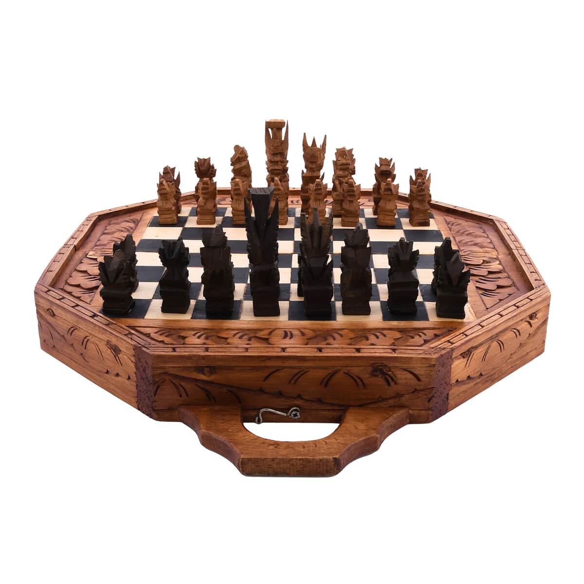 Balinese Handcarved Deity Sapodilla Wooden Octagonal Chess Set image number 5