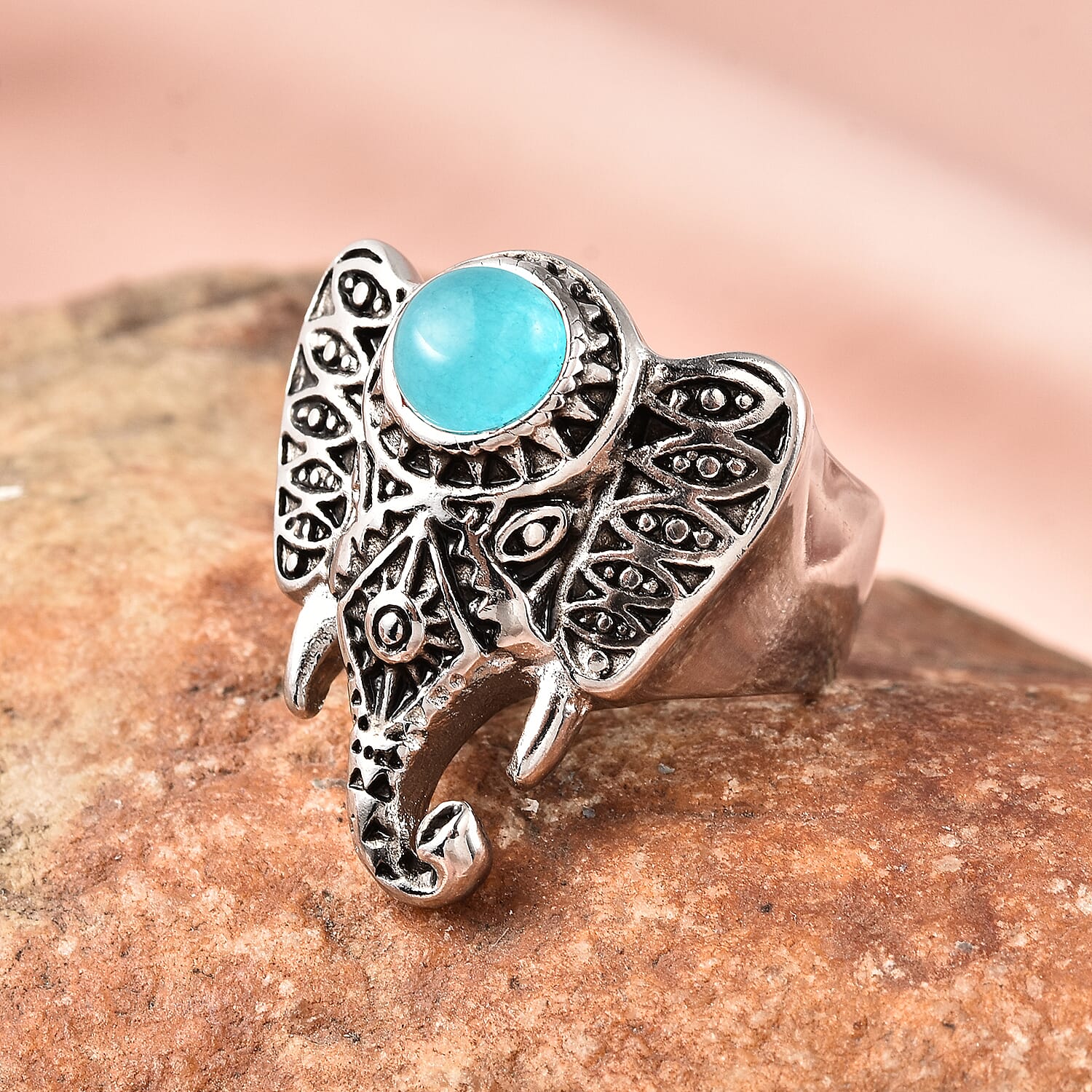 Amazonite Elephant Head Ring in Stainless Steel (Size 10.0) 0.90 ctw